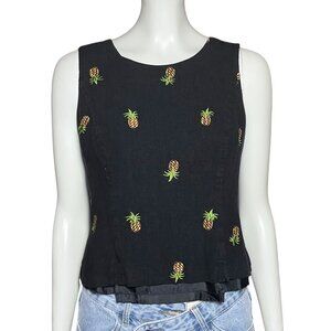 Vintage Black Embroidered Pineapple Tank Top Linen Cotton Blend Petite S/M Retro